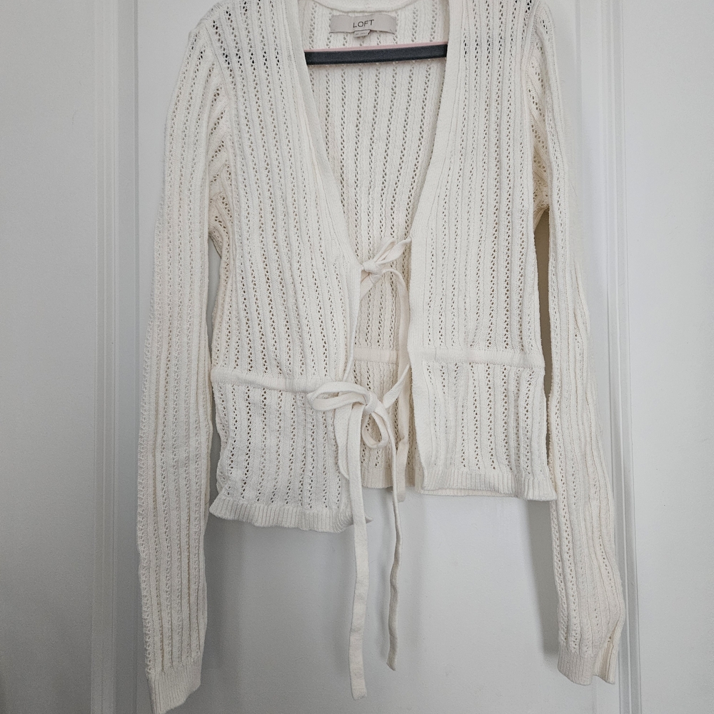 LOFT Cream Cardigan Sweater with Ribbed Knit